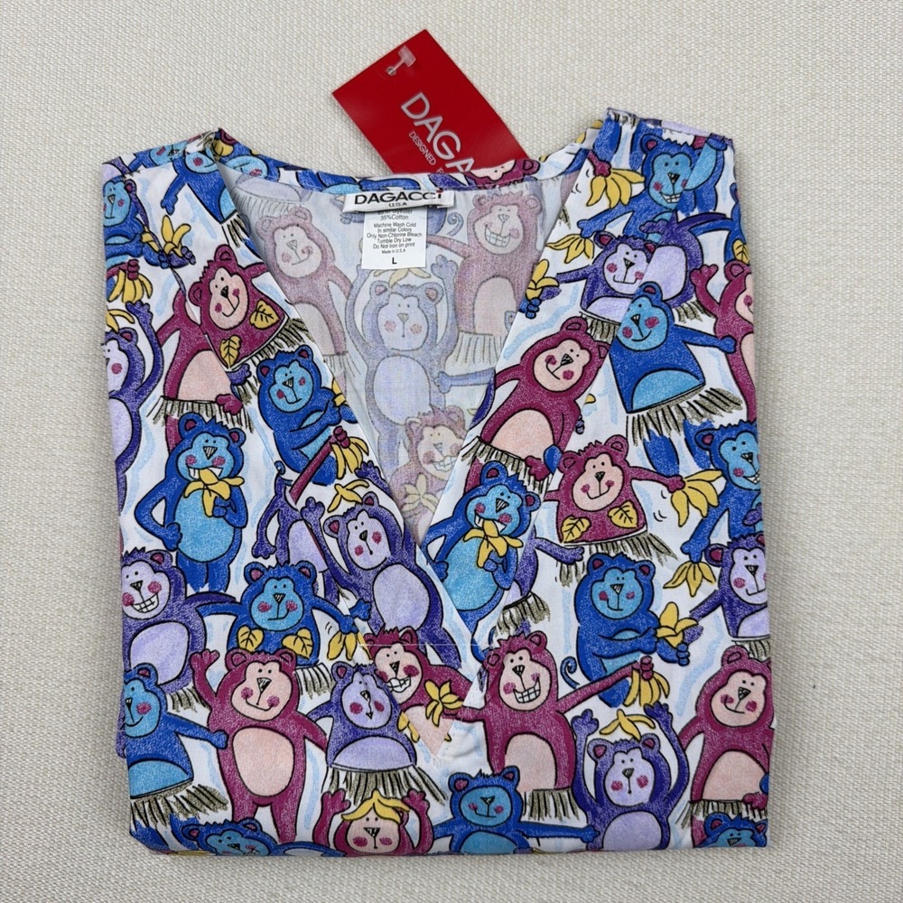 New Dagacci U.S.A. Scrub Top Shirt Uniform Monkey Size‎ L NWT Multi Color - Picture 2 of 10